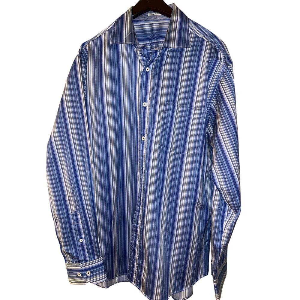 Bugatchi Uomo Shaped Fit Button Up Shirt Mens Large Preppy Casual Blue Striped